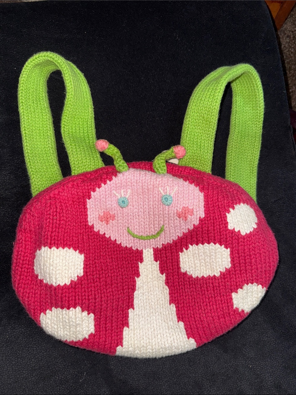 Pink Ladybug Knit Kids Backpack with Lime Green Straps